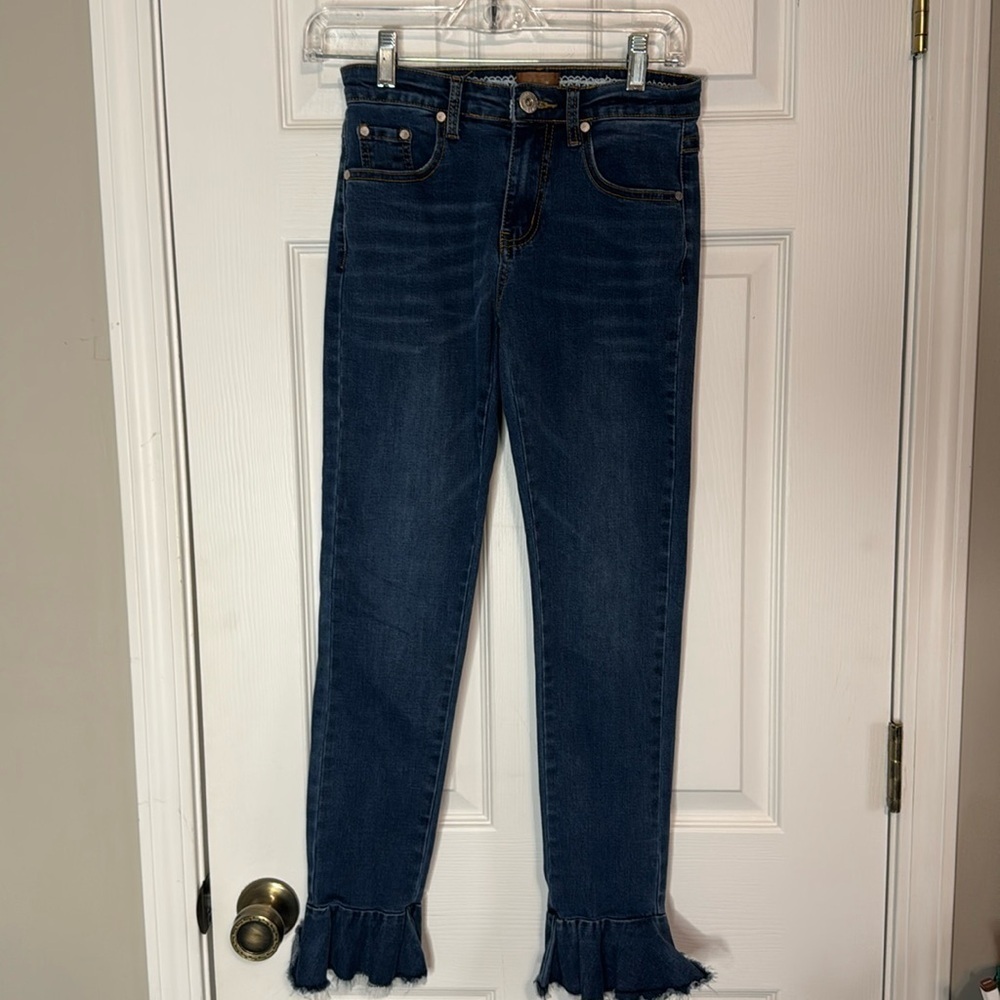 POL Women's Ankle Flared Frill Hem Skinny Jeans Denim Frayed High Rise S - AKP4
